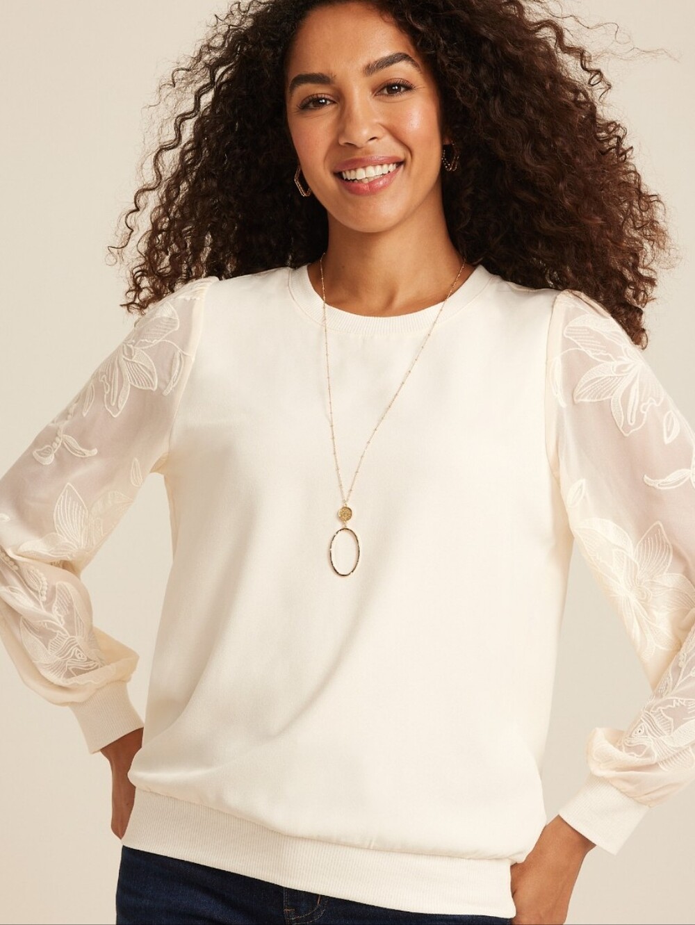 Express Ivory Sheer Floral Sleeve Pullover